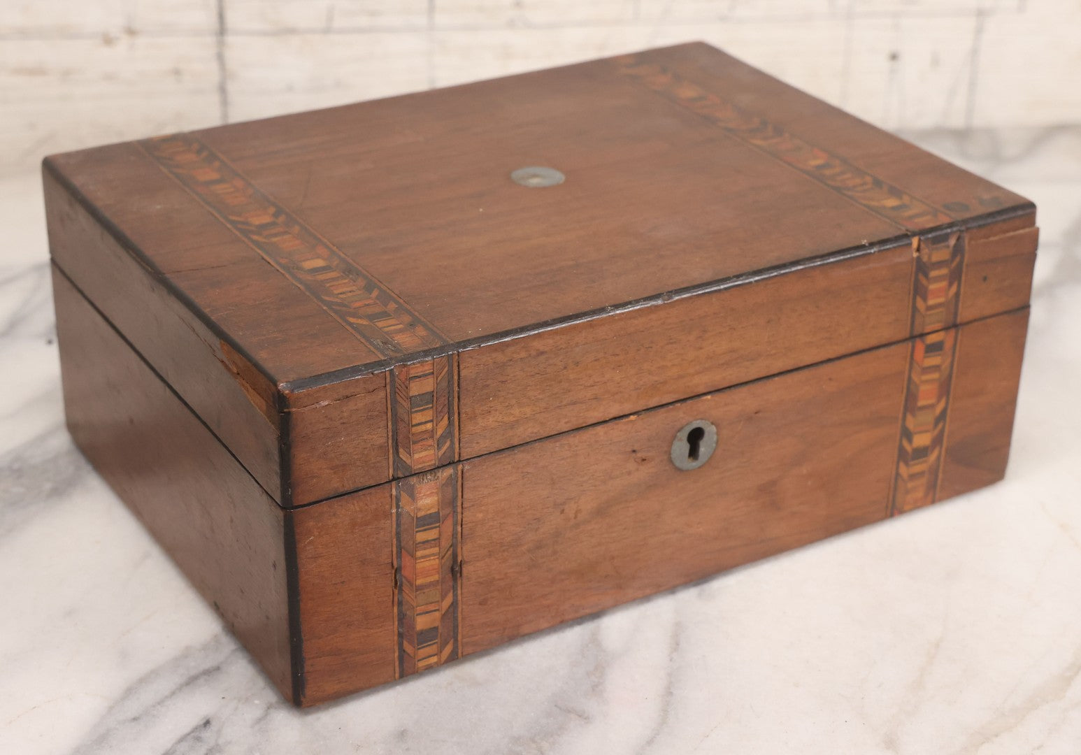 Lot 076 - Antique Inlaid Wood Box With Key Escutcheons And Fabric Lined Interior