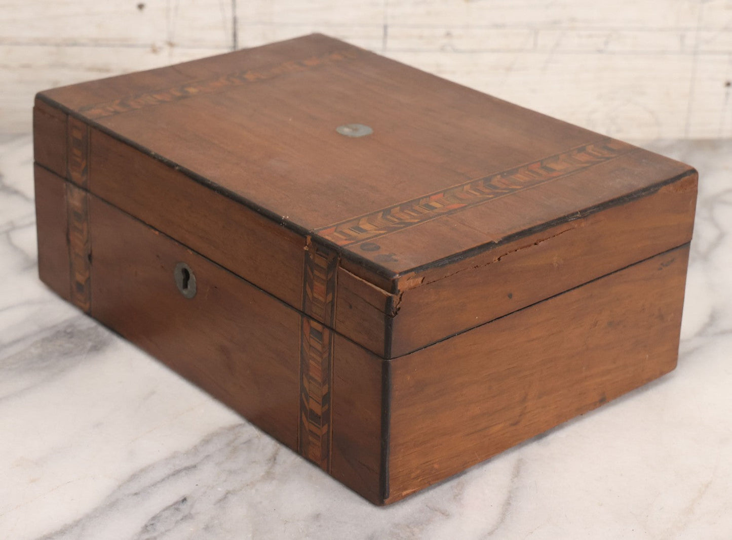 Lot 076 - Antique Inlaid Wood Box With Key Escutcheons And Fabric Lined Interior