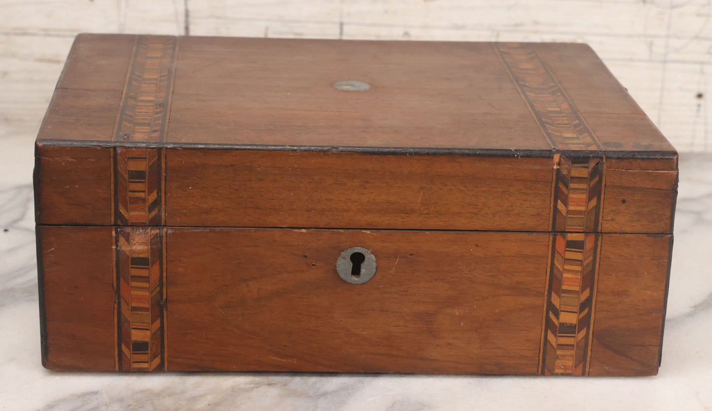 Lot 076 - Antique Inlaid Wood Box With Key Escutcheons And Fabric Lined Interior