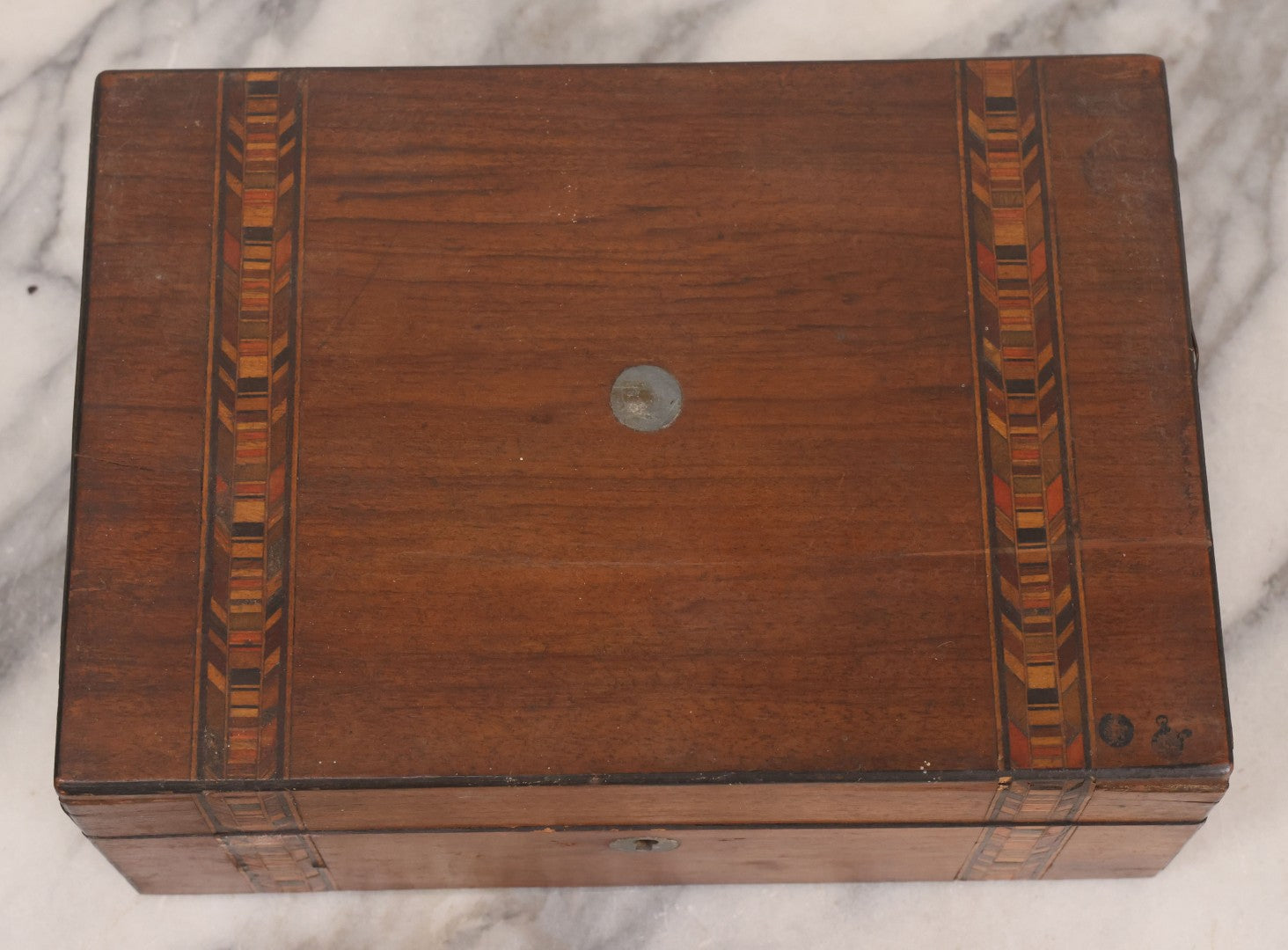 Lot 076 - Antique Inlaid Wood Box With Key Escutcheons And Fabric Lined Interior