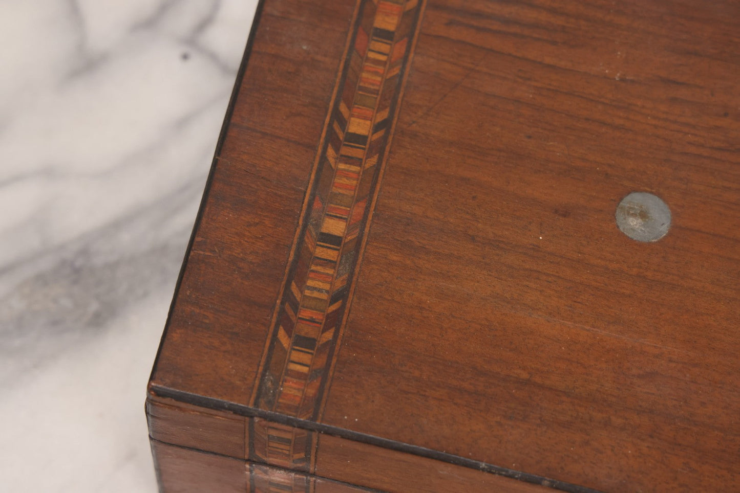 Lot 076 - Antique Inlaid Wood Box With Key Escutcheons And Fabric Lined Interior