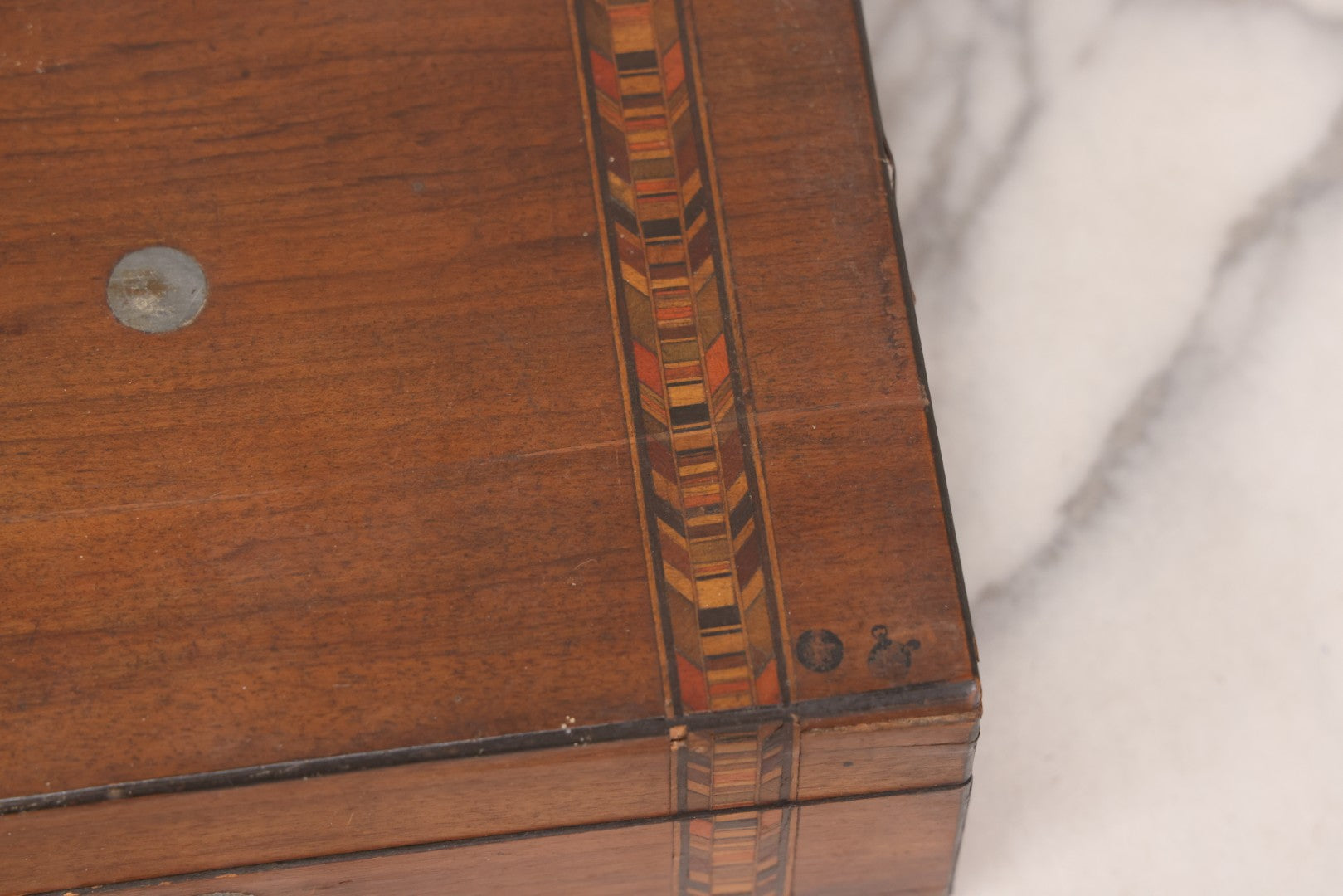 Lot 076 - Antique Inlaid Wood Box With Key Escutcheons And Fabric Lined Interior