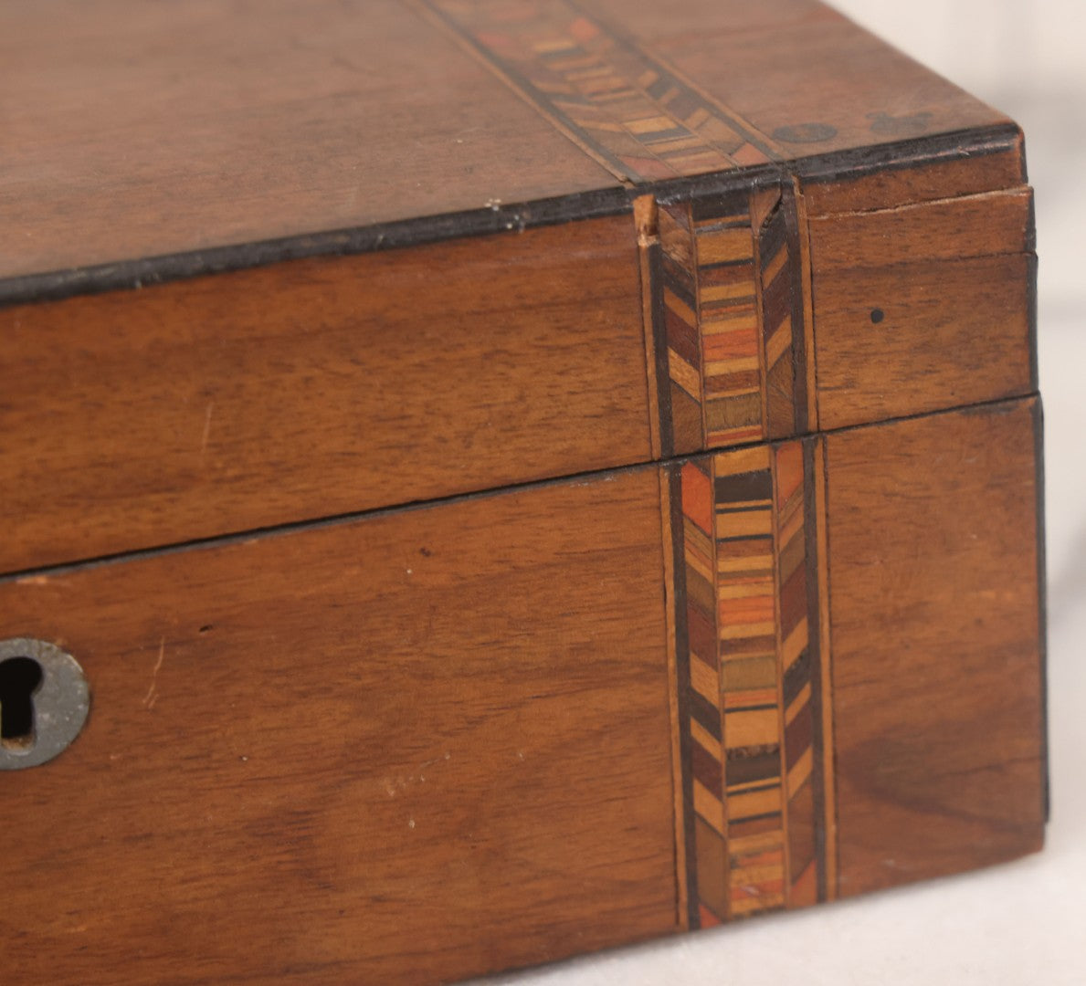 Lot 076 - Antique Inlaid Wood Box With Key Escutcheons And Fabric Lined Interior