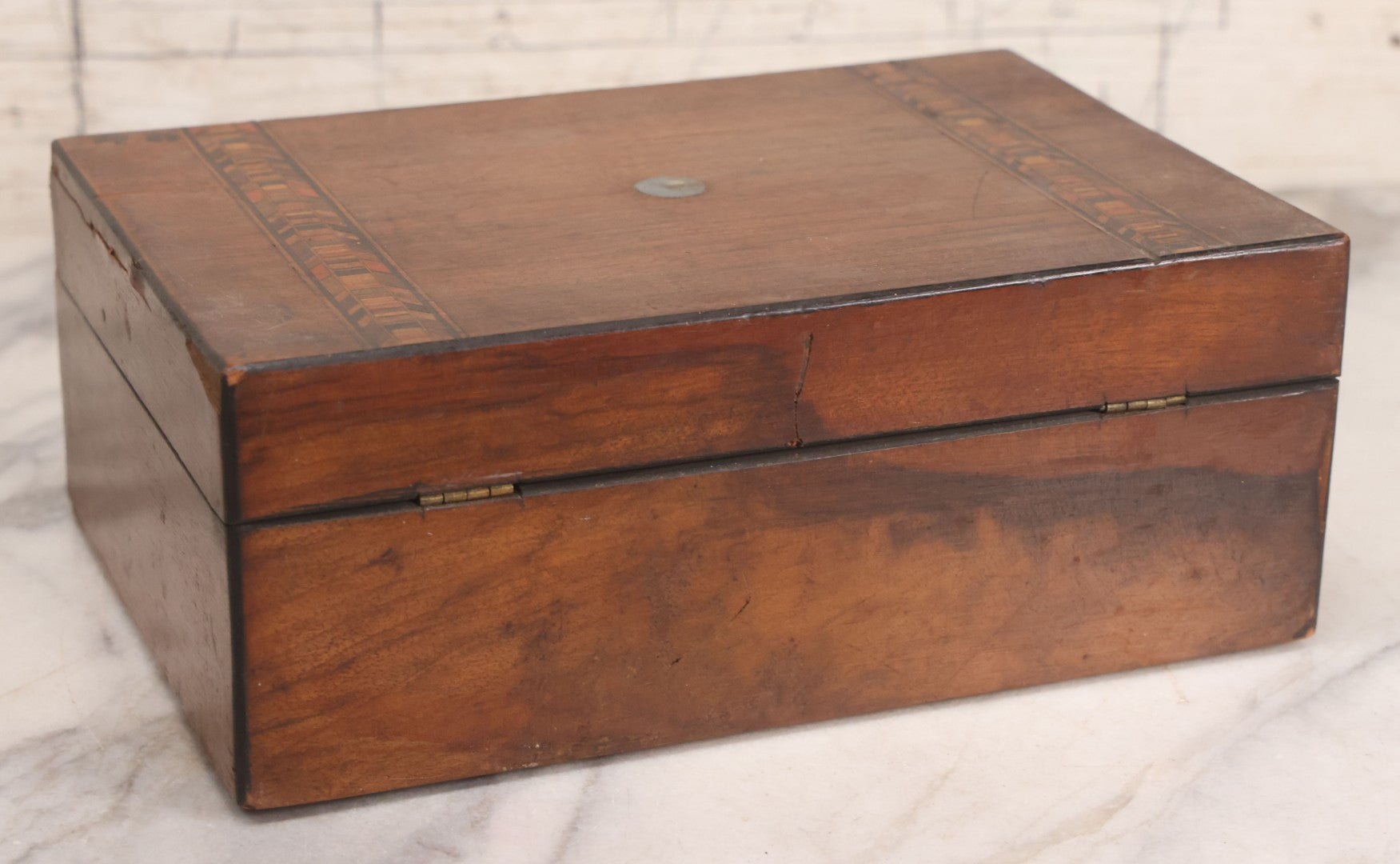 Lot 076 - Antique Inlaid Wood Box With Key Escutcheons And Fabric Lined Interior