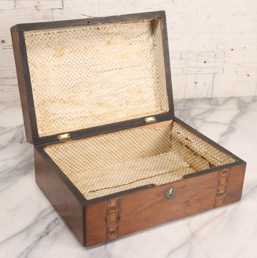 Lot 076 - Antique Inlaid Wood Box With Key Escutcheons And Fabric Lined Interior