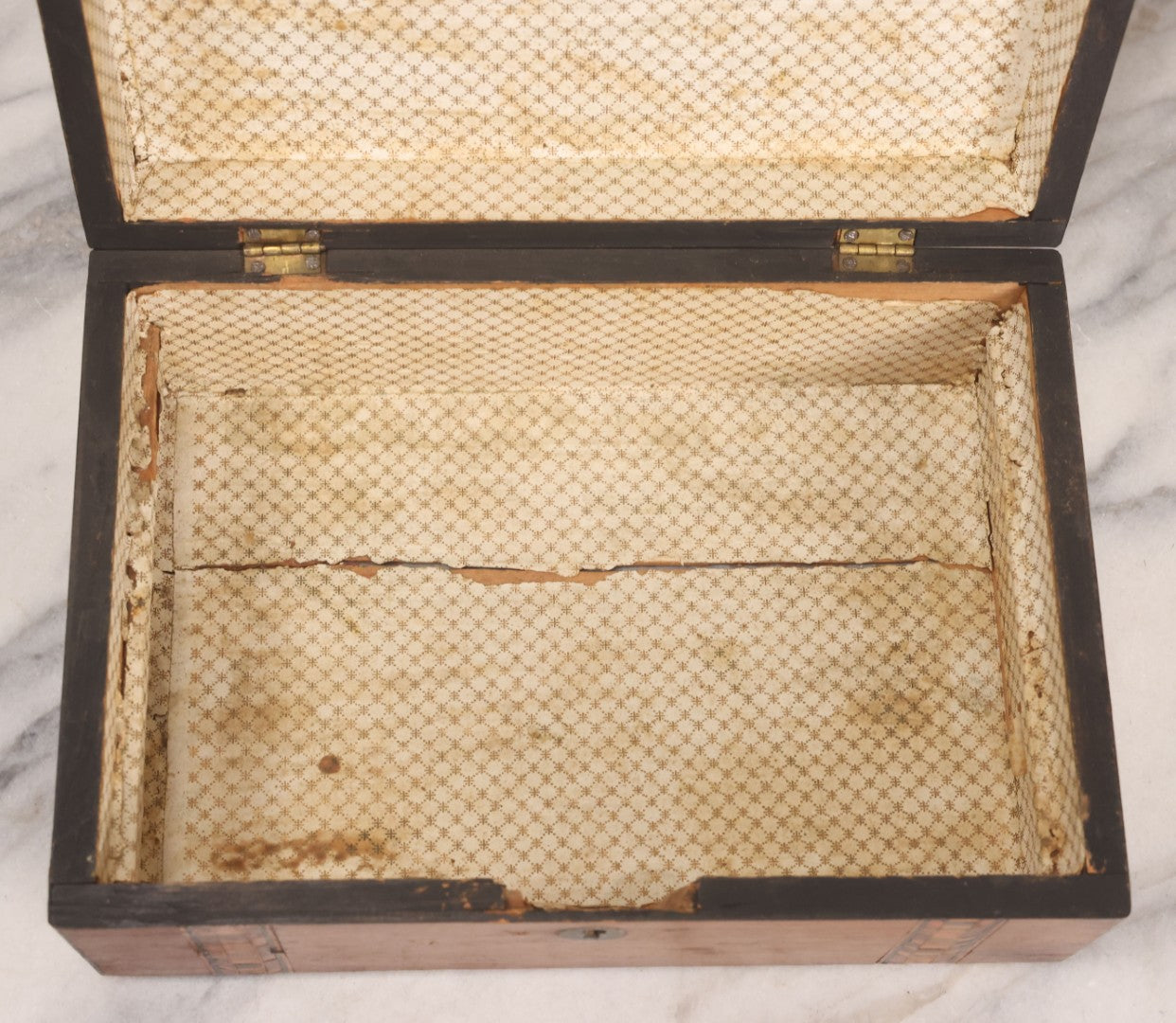 Lot 076 - Antique Inlaid Wood Box With Key Escutcheons And Fabric Lined Interior