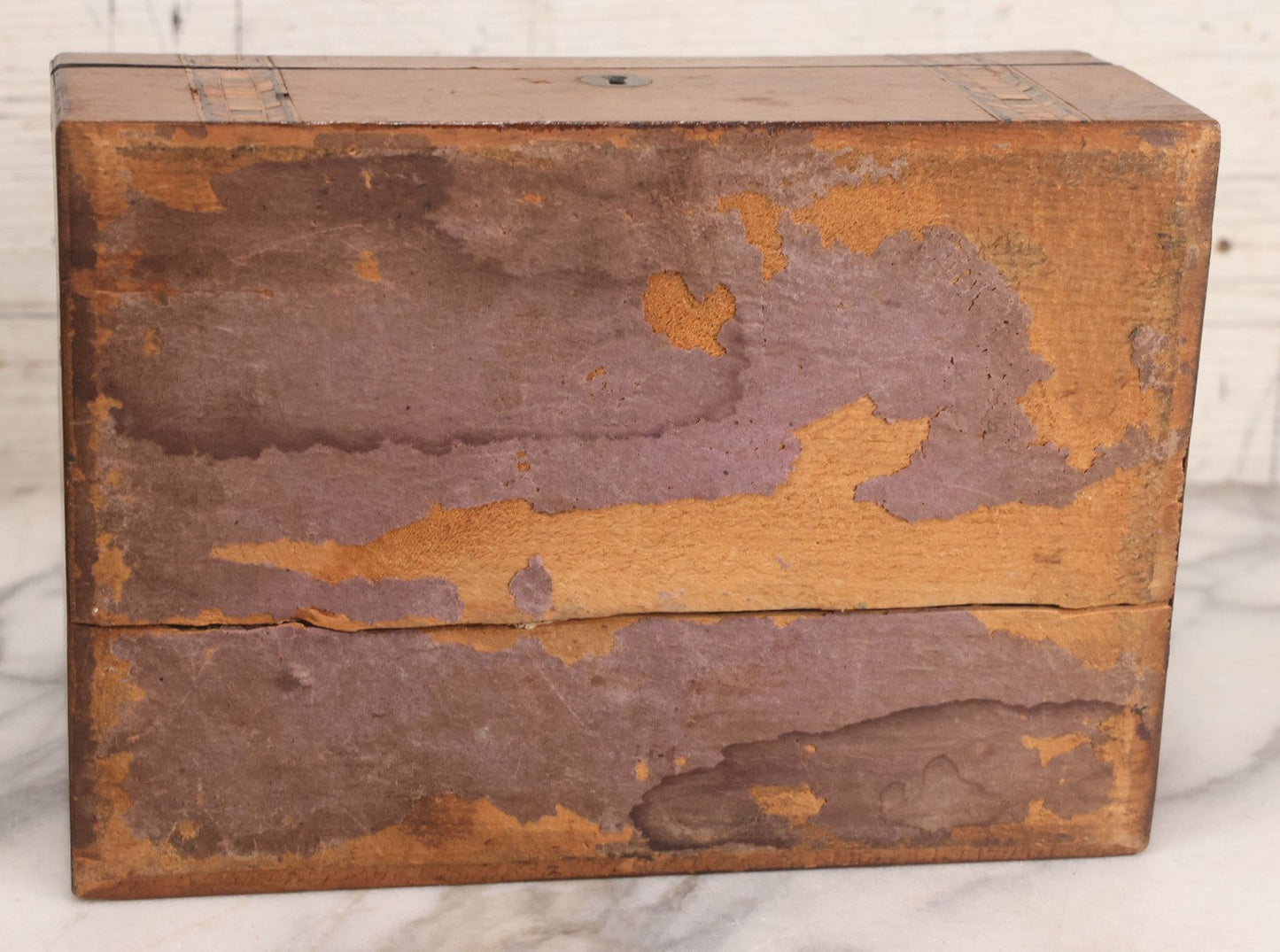 Lot 076 - Antique Inlaid Wood Box With Key Escutcheons And Fabric Lined Interior