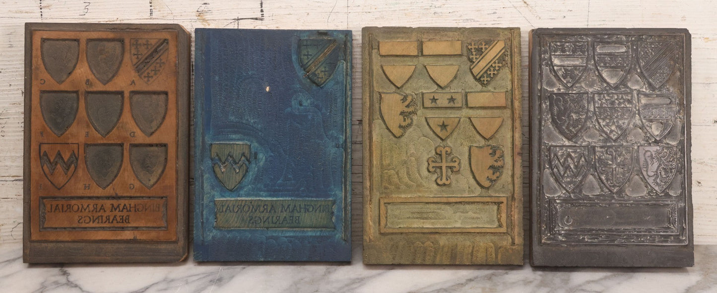 Lot 077 - Grouping Of Four Antique Hand Cut Wooden Printing Blocks For Four Color Armorial Bearings Design, Bingham Family Coat Of Arms, 5" x 7-1/2" Each