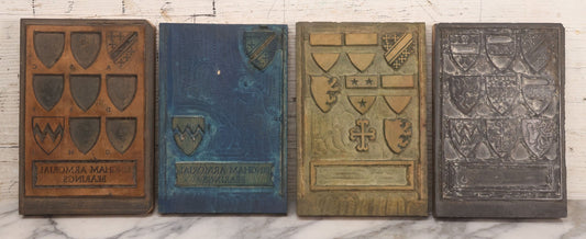 Lot 077 - Grouping Of Four Antique Hand Cut Wooden Printing Blocks For Four Color Armorial Bearings Design, Bingham Family Coat Of Arms, 5" x 7-1/2" Each