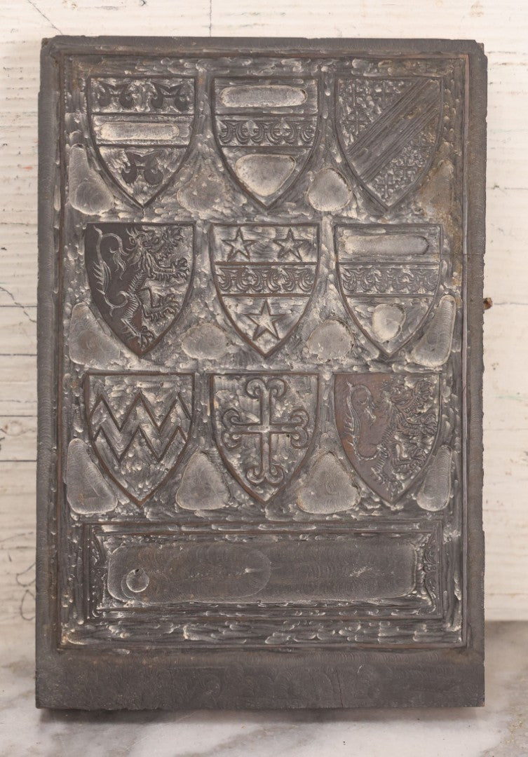 Lot 077 - Grouping Of Four Antique Hand Cut Wooden Printing Blocks For Four Color Armorial Bearings Design, Bingham Family Coat Of Arms, 5" x 7-1/2" Each