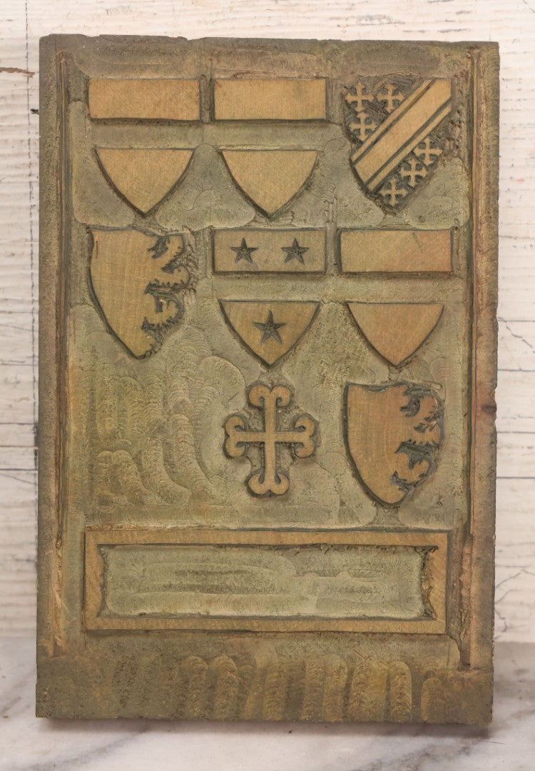 Lot 077 - Grouping Of Four Antique Hand Cut Wooden Printing Blocks For Four Color Armorial Bearings Design, Bingham Family Coat Of Arms, 5" x 7-1/2" Each