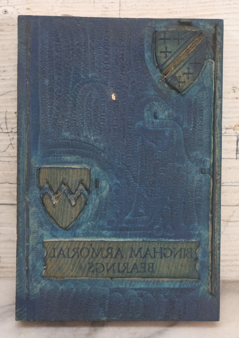 Lot 077 - Grouping Of Four Antique Hand Cut Wooden Printing Blocks For Four Color Armorial Bearings Design, Bingham Family Coat Of Arms, 5" x 7-1/2" Each