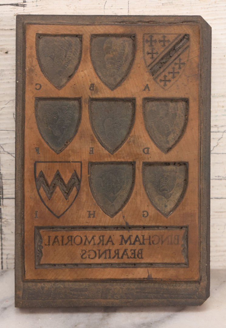 Lot 077 - Grouping Of Four Antique Hand Cut Wooden Printing Blocks For Four Color Armorial Bearings Design, Bingham Family Coat Of Arms, 5" x 7-1/2" Each