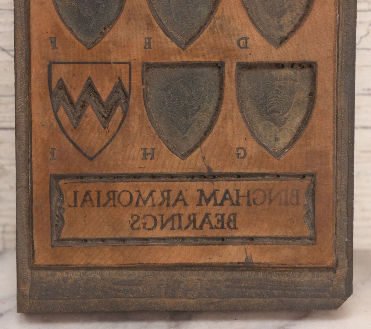 Lot 077 - Grouping Of Four Antique Hand Cut Wooden Printing Blocks For Four Color Armorial Bearings Design, Bingham Family Coat Of Arms, 5" x 7-1/2" Each