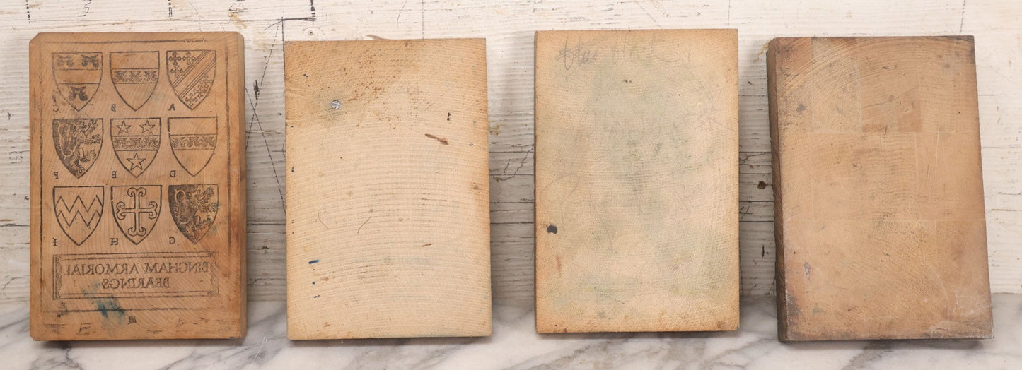 Lot 077 - Grouping Of Four Antique Hand Cut Wooden Printing Blocks For Four Color Armorial Bearings Design, Bingham Family Coat Of Arms, 5" x 7-1/2" Each