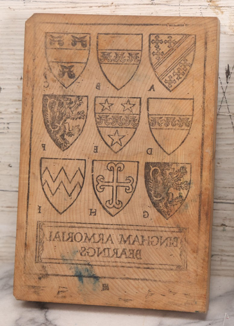 Lot 077 - Grouping Of Four Antique Hand Cut Wooden Printing Blocks For Four Color Armorial Bearings Design, Bingham Family Coat Of Arms, 5" x 7-1/2" Each