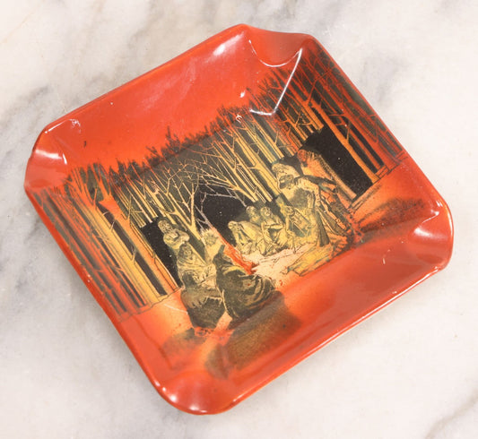 Lot 079 - Antique Porcelain Ashtray "The Trader" Depicting White Man Trading With Native American By Fire, Wild West Series, Frank Beadmore & Co., Fenton, Note Chips