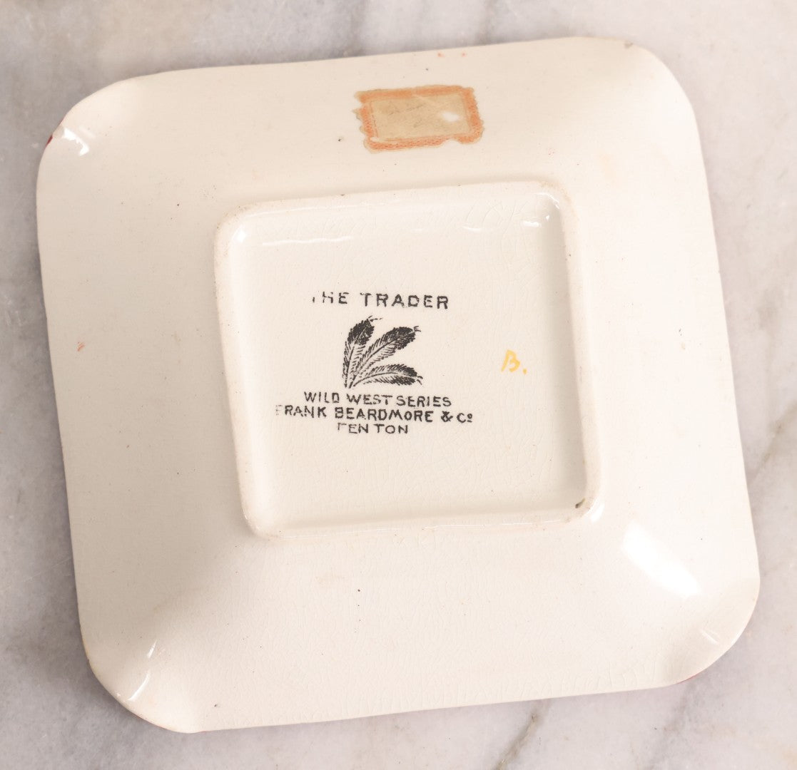 Lot 079 - Antique Porcelain Ashtray "The Trader" Depicting White Man Trading With Native American By Fire, Wild West Series, Frank Beadmore & Co., Fenton, Note Chips