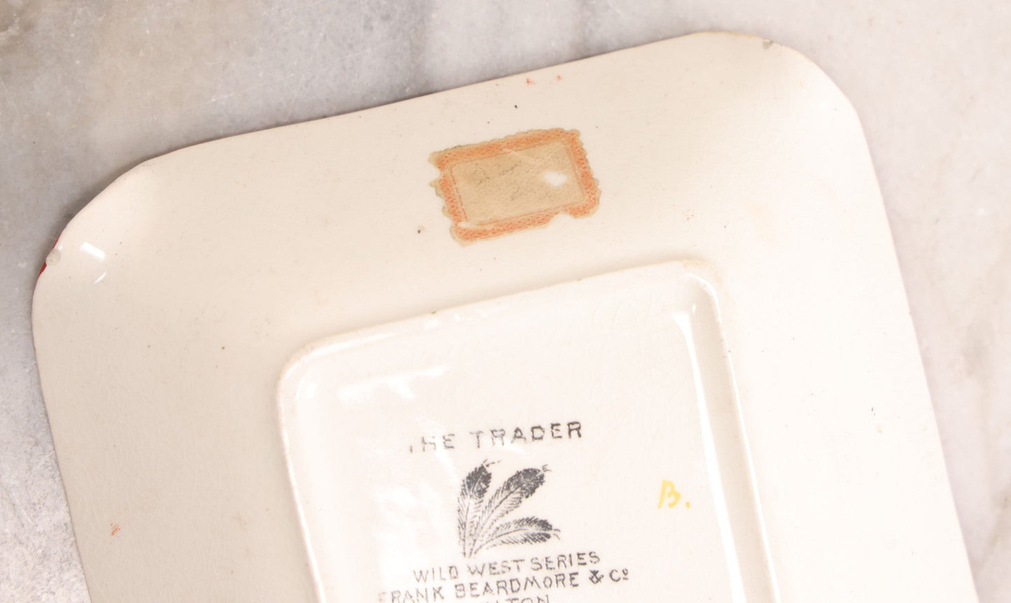 Lot 079 - Antique Porcelain Ashtray "The Trader" Depicting White Man Trading With Native American By Fire, Wild West Series, Frank Beadmore & Co., Fenton, Note Chips