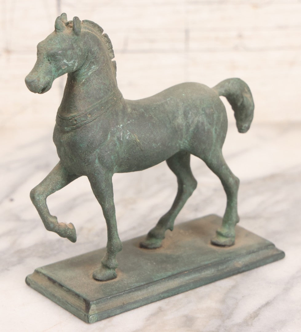 Lot 081 - Vintage Patinated Metal Horse Figurine On Rectangular Base, 6" H