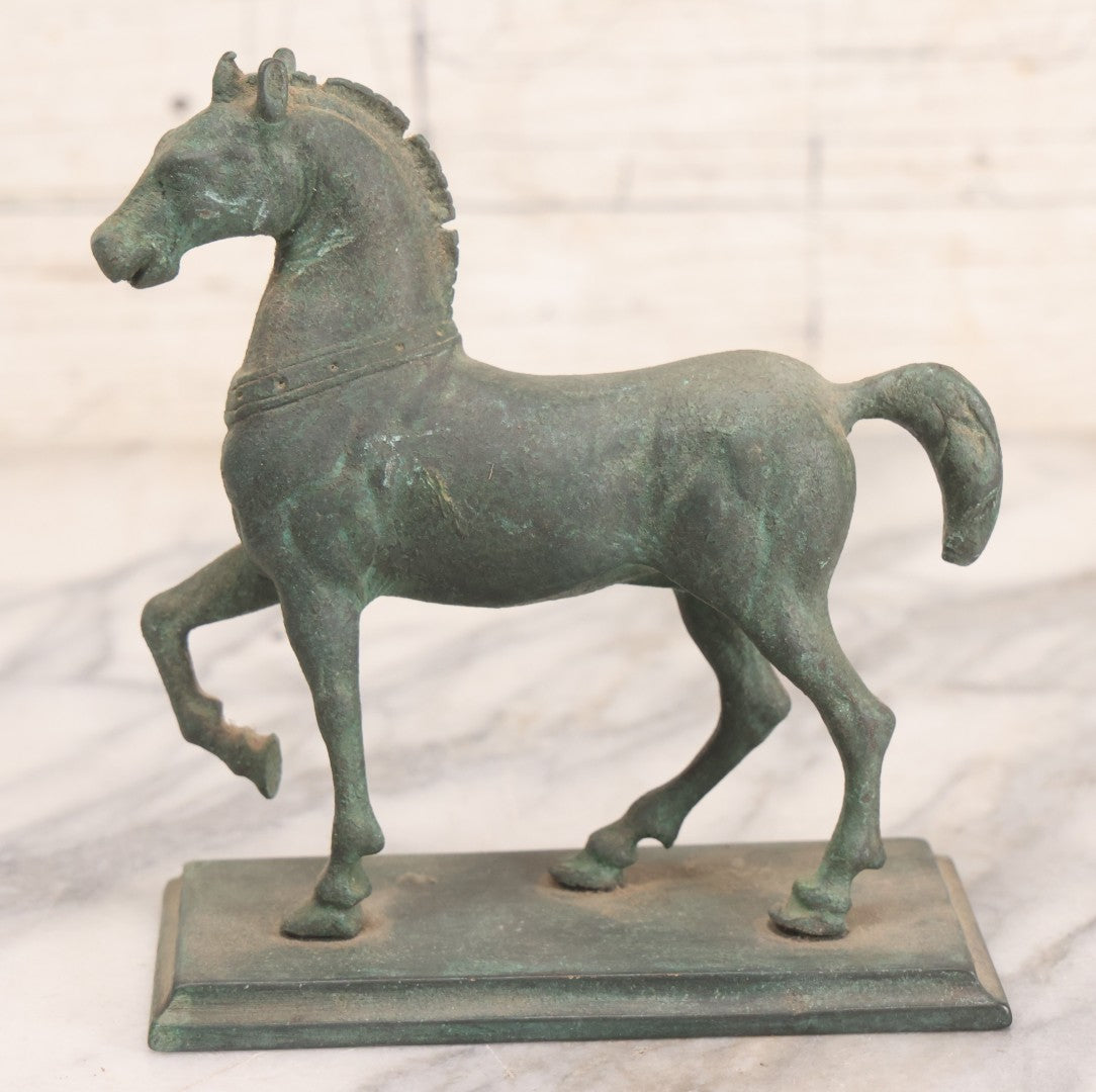 Lot 081 - Vintage Patinated Metal Horse Figurine On Rectangular Base, 6" H