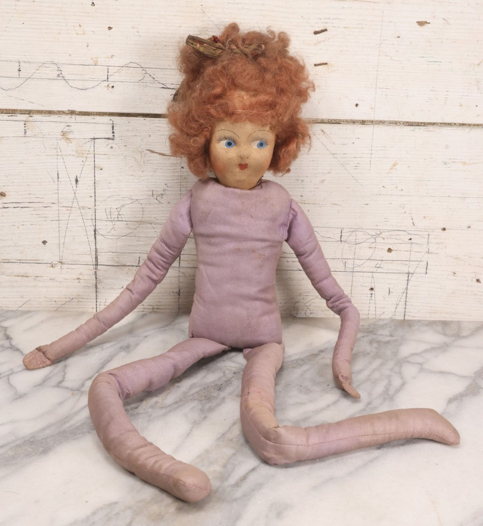 Lot 082 - Antique Boudoir Doll With Painted Features, Mohair Wig, And Floppy Lavender-Pink Body, 27" L