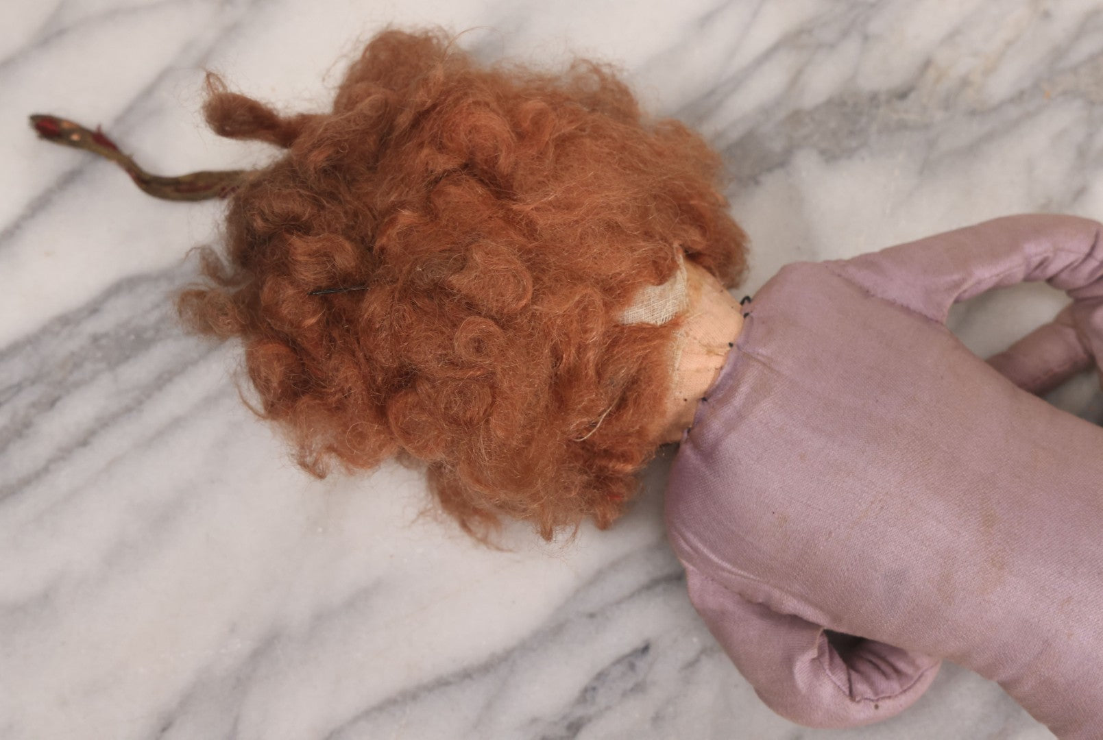 Lot 082 - Antique Boudoir Doll With Painted Features, Mohair Wig, And Floppy Lavender-Pink Body, 27" L