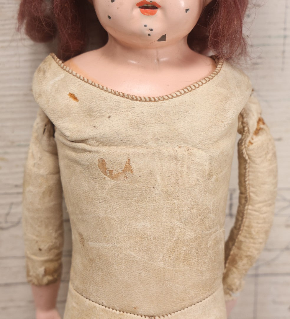 Lot 083 - Antique German Metal Head Doll With Blue Glass Eyes, Leather And Cloth Body And Limbs, Circa 1880s-1910s 17" H