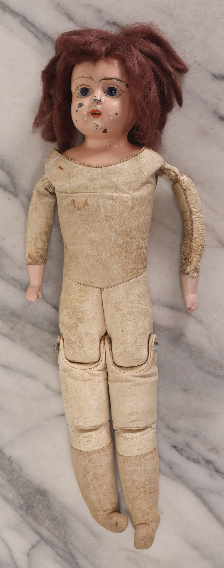 Lot 083 - Antique German Metal Head Doll With Blue Glass Eyes, Leather And Cloth Body And Limbs, Circa 1880s-1910s 17" H