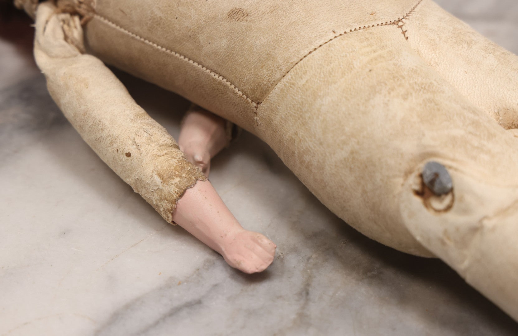 Lot 083 - Antique German Metal Head Doll With Blue Glass Eyes, Leather And Cloth Body And Limbs, Circa 1880s-1910s 17" H