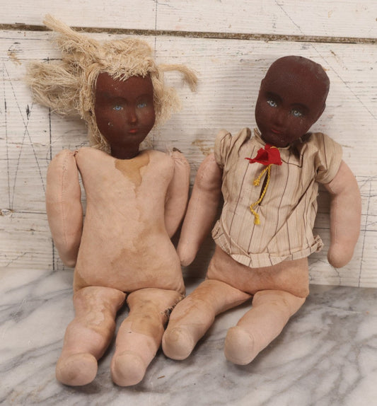 Lot 085 - Pair Of Vintage Cloth Dolls With Painted Features, One With String Hair, Circa 1930s-1950s 13" H Each