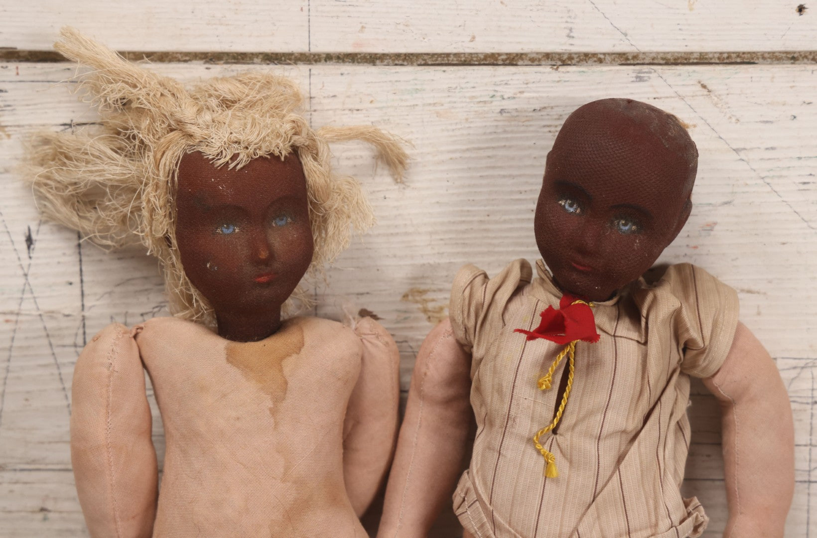 Lot 085 - Pair Of Vintage Cloth Dolls With Painted Features, One With String Hair, Circa 1930s-1950s 13" H Each