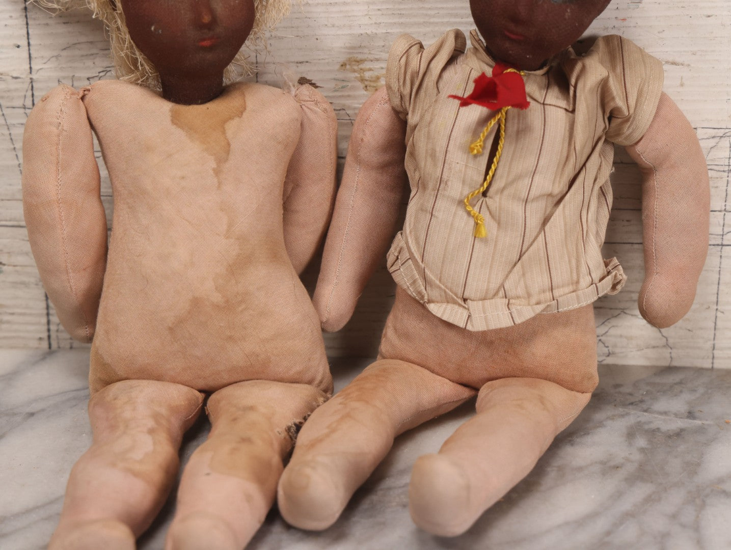 Lot 085 - Pair Of Vintage Cloth Dolls With Painted Features, One With String Hair, Circa 1930s-1950s 13" H Each