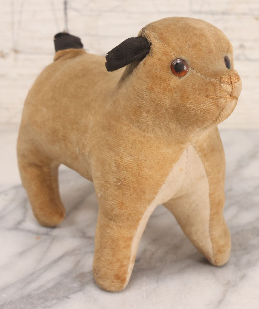 Lot 086 - Vintage Straw-Stuffed Plush Pug Dog With Glass Eyes Stuffed Animal Toy, 7" L