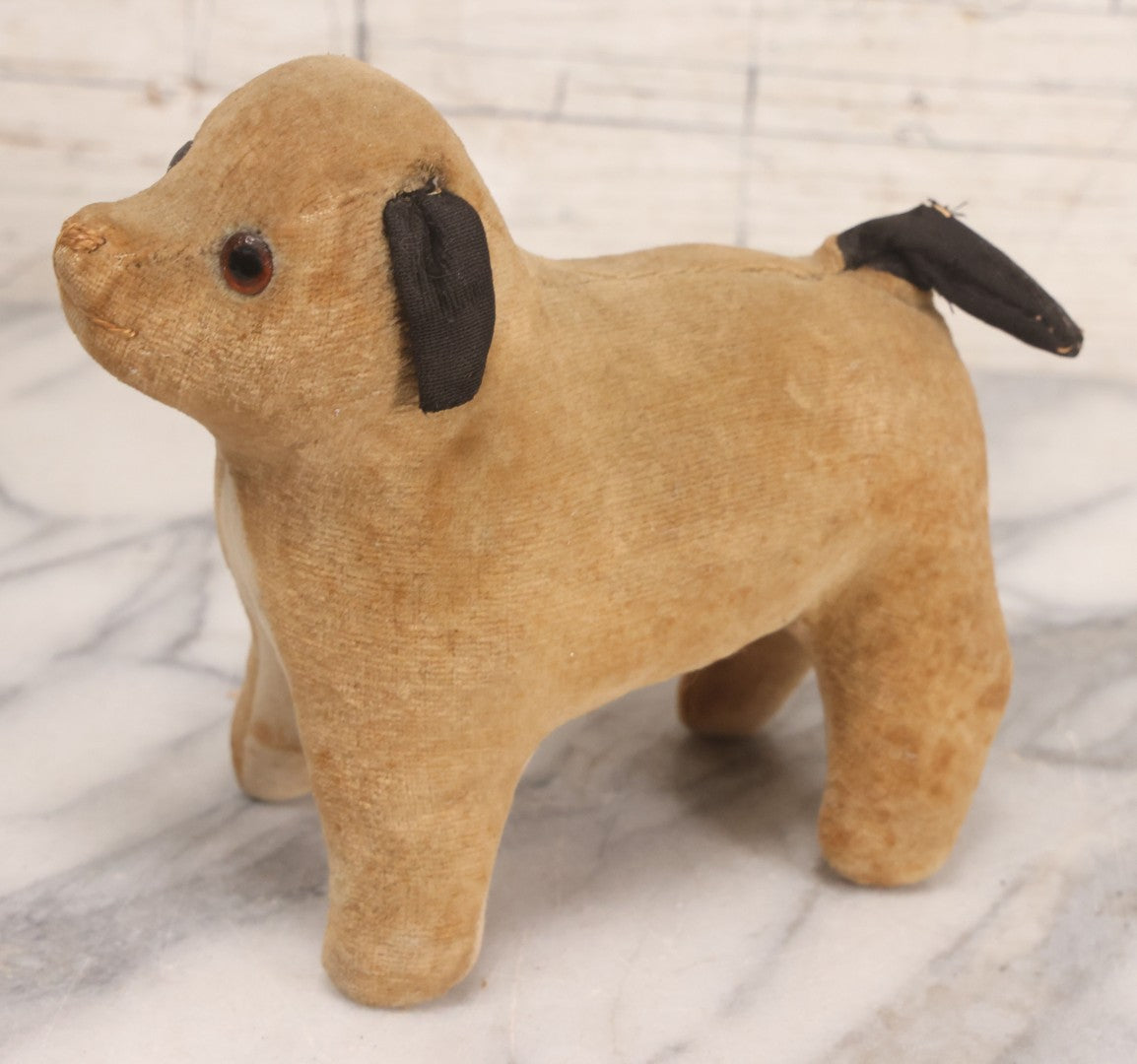 Lot 086 - Vintage Straw-Stuffed Plush Pug Dog With Glass Eyes Stuffed Animal Toy, 7" L