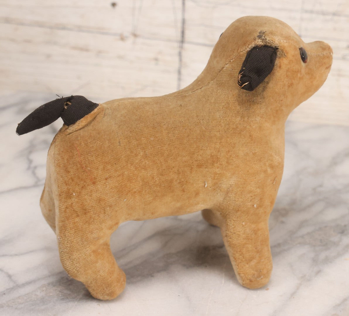 Lot 086 - Vintage Straw-Stuffed Plush Pug Dog With Glass Eyes Stuffed Animal Toy, 7" L