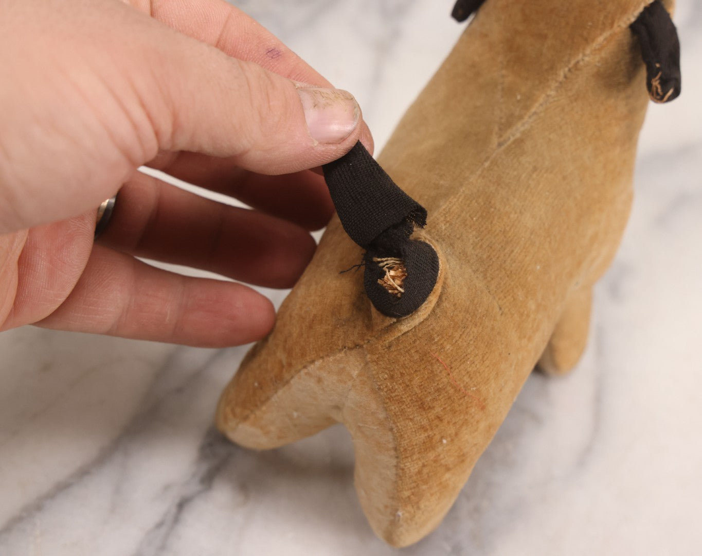 Lot 086 - Vintage Straw-Stuffed Plush Pug Dog With Glass Eyes Stuffed Animal Toy, 7" L