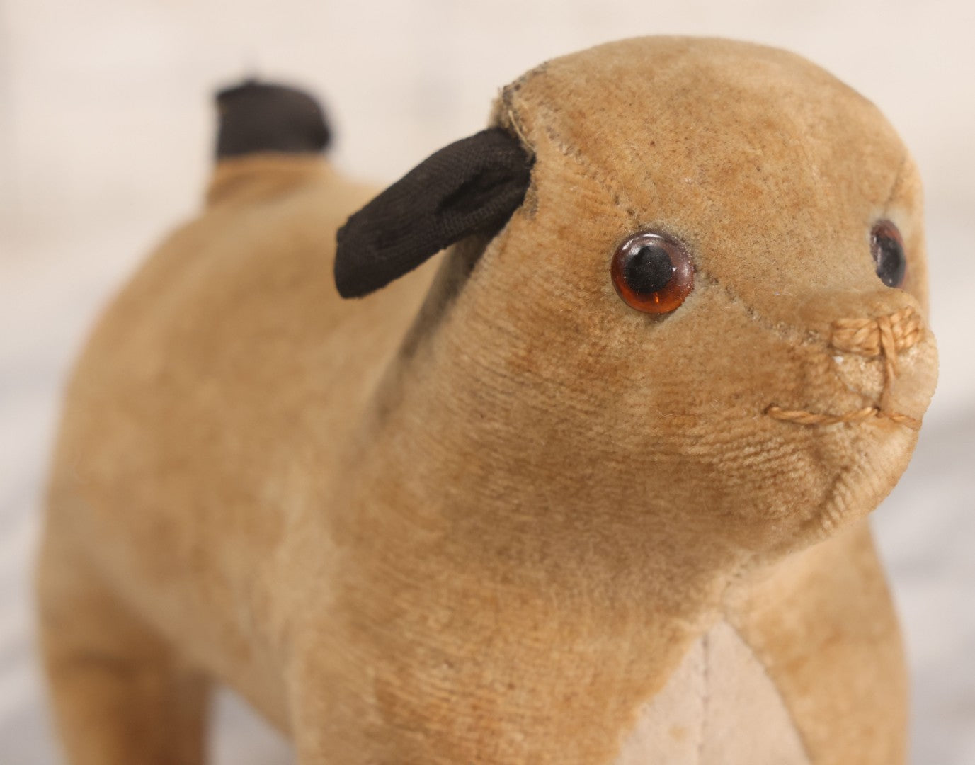 Lot 086 - Vintage Straw-Stuffed Plush Pug Dog With Glass Eyes Stuffed Animal Toy, 7" L