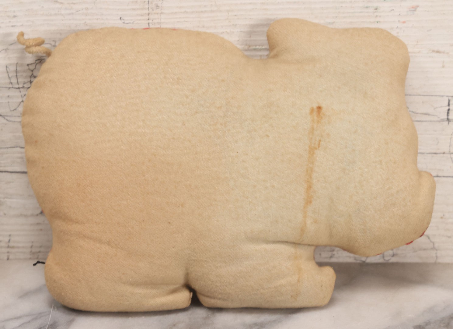 Lot 087 - Vintage Homemade Cloth Pig Plush Stuffed Animal Toy With Embroidered Features, 9" W