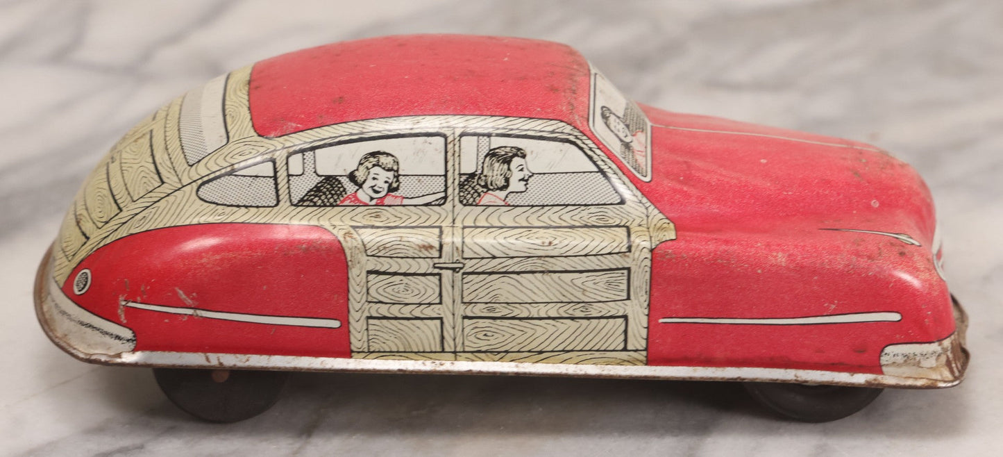 Lot 090 - Vintage Courtland Woody Wagon Tin Lithograph Friction Toy Car, Circa 1950, Courtland Toys, Camden, New Jersey, Note Not Working, 7-1/4" L
