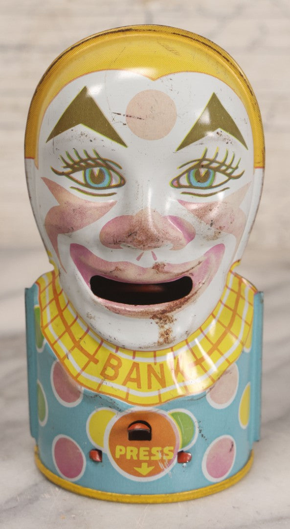 Lot 092 - Vintage Tin Lithograph Clown Mechanical Bank By Chein Playthings, Made In U.S.A., Note Missing Stopper, 5" H