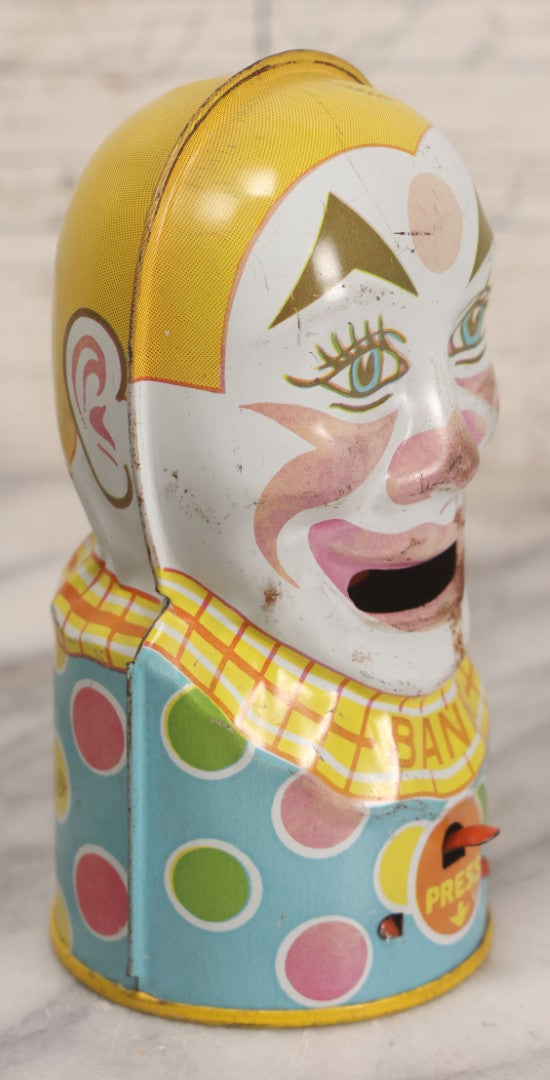 Lot 092 - Vintage Tin Lithograph Clown Mechanical Bank By Chein Playthings, Made In U.S.A., Note Missing Stopper, 5" H