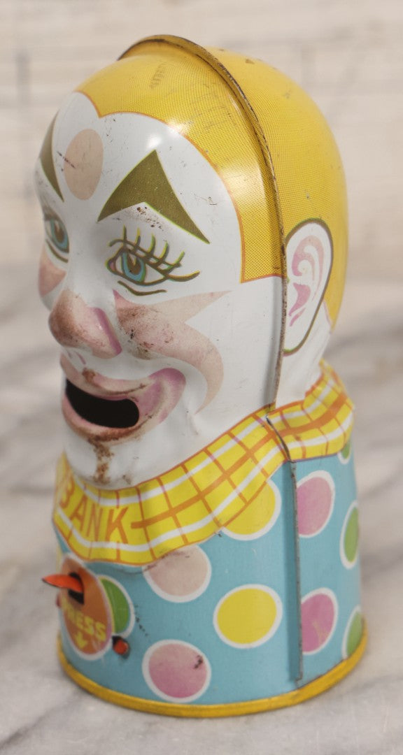 Lot 092 - Vintage Tin Lithograph Clown Mechanical Bank By Chein Playthings, Made In U.S.A., Note Missing Stopper, 5" H