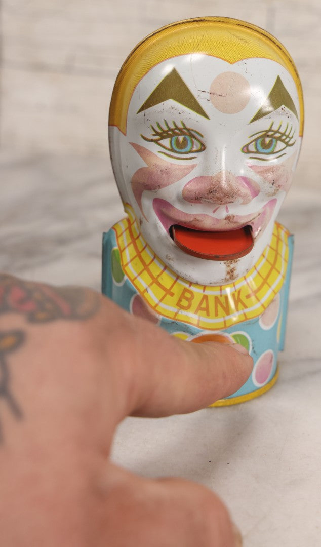 Lot 092 - Vintage Tin Lithograph Clown Mechanical Bank By Chein Playthings, Made In U.S.A., Note Missing Stopper, 5" H
