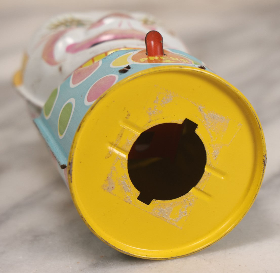 Lot 092 - Vintage Tin Lithograph Clown Mechanical Bank By Chein Playthings, Made In U.S.A., Note Missing Stopper, 5" H