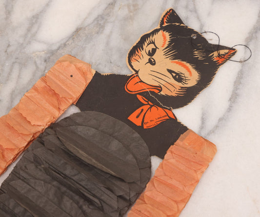 Lot 095 - Vintage Die Cut Halloween Cat Decoration With Crepe Paper Limbs And Body, Made In U.S.A., Patent No. 1,809,635, 28-1/4" H