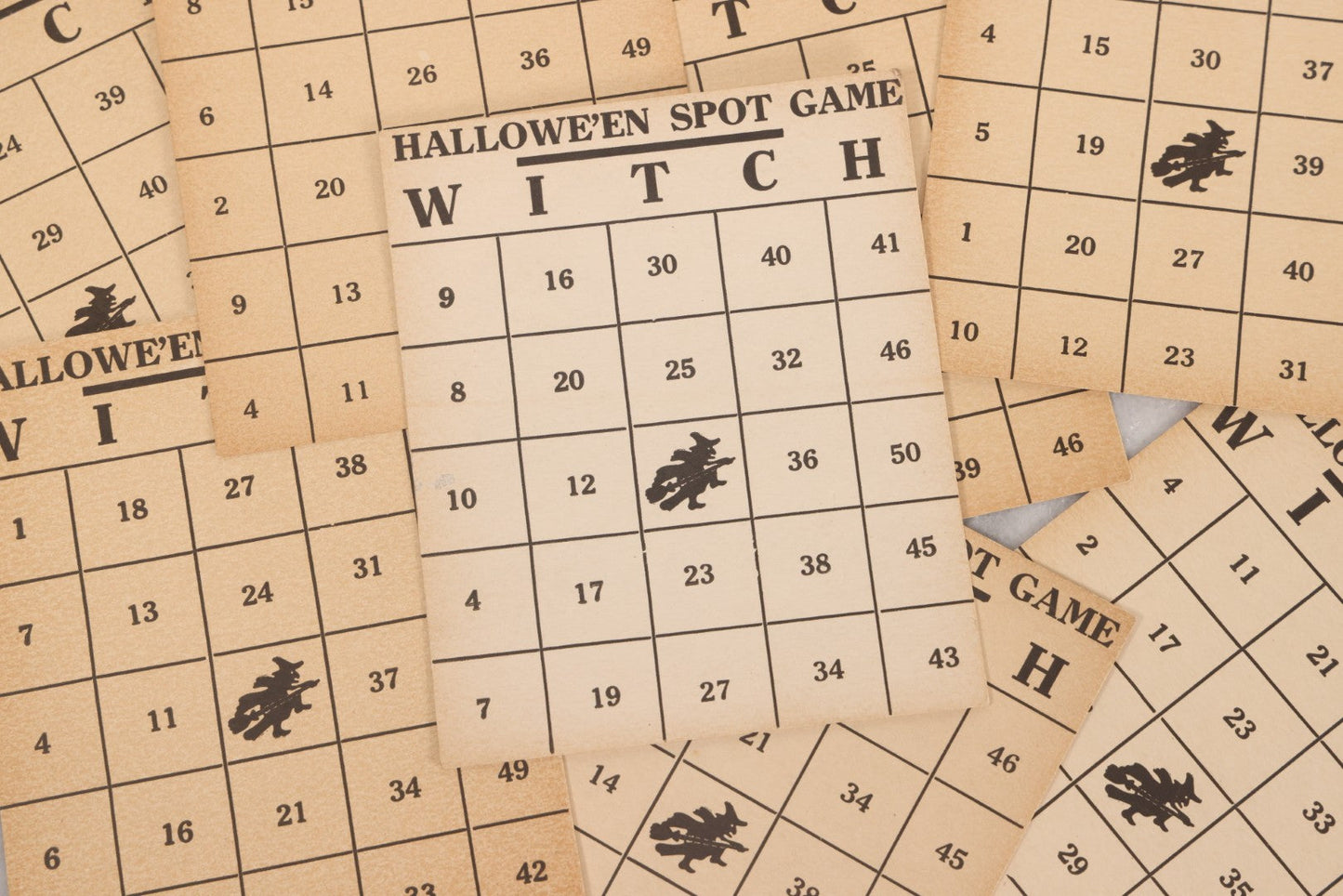 Lot 097 - Grouping Of 10 Vintage Halloween Spot Game "W-I-T-C-H" Witch Bingo Cards