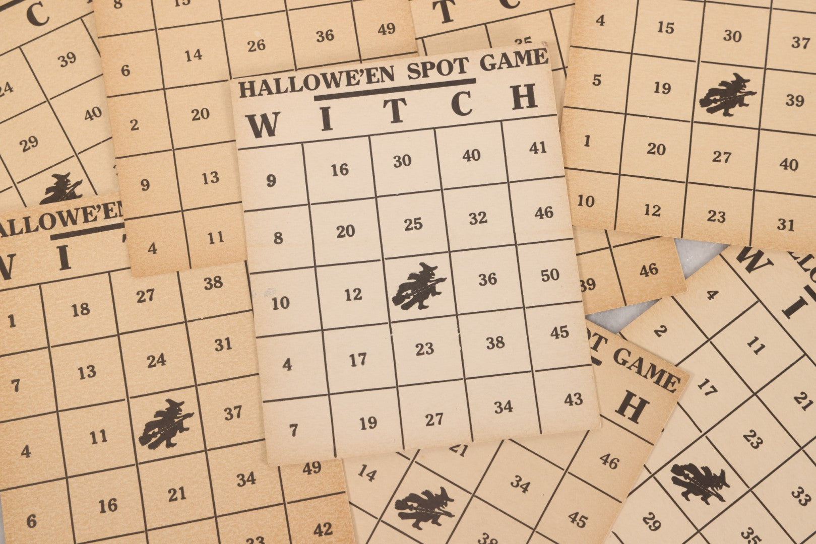 Lot 097 - Grouping Of 10 Vintage Halloween Spot Game "W-I-T-C-H" Witch Bingo Cards