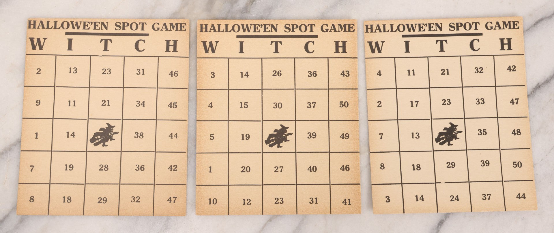 Lot 097 - Grouping Of 10 Vintage Halloween Spot Game "W-I-T-C-H" Witch Bingo Cards