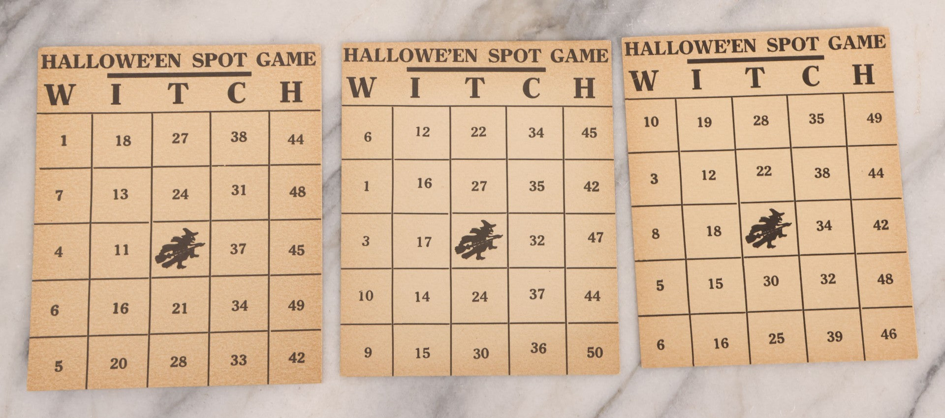 Lot 097 - Grouping Of 10 Vintage Halloween Spot Game "W-I-T-C-H" Witch Bingo Cards